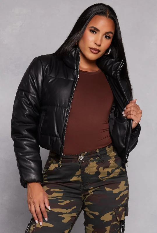 Faux Leather Funnel Neck Puffer Jacket