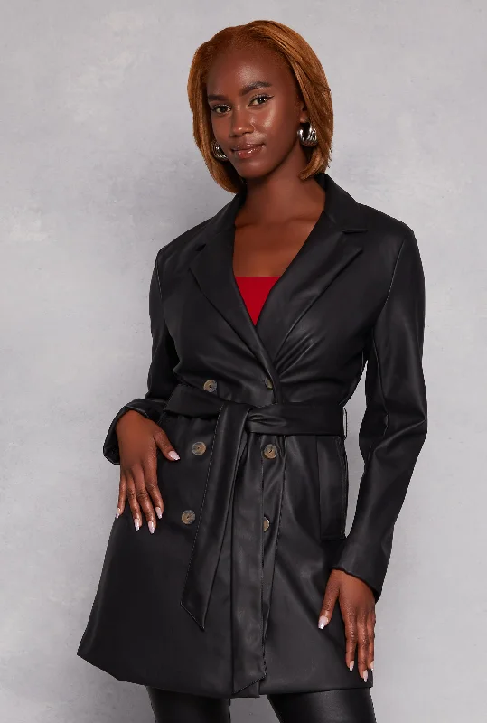 Faux Leather Tie Waist Belted Coat