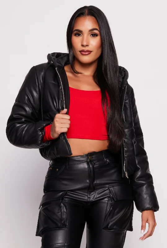 Faux Leather Zip Front Hooded Puffer Jacket