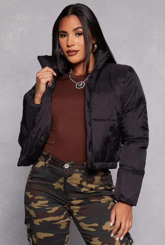 Nylon Zip Front Cropped Puffer Jacket