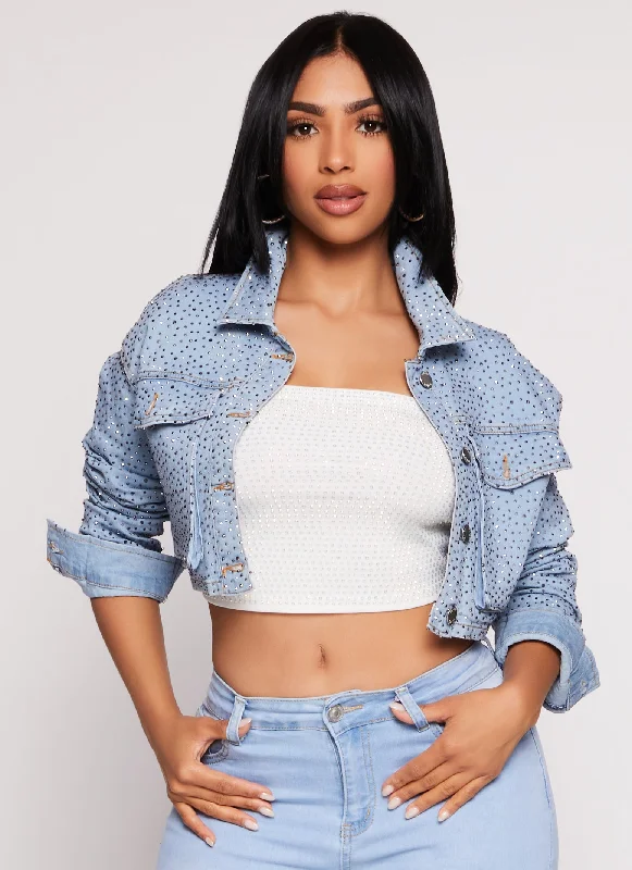 Daisy Rhinestone Cropped Jean Jacket