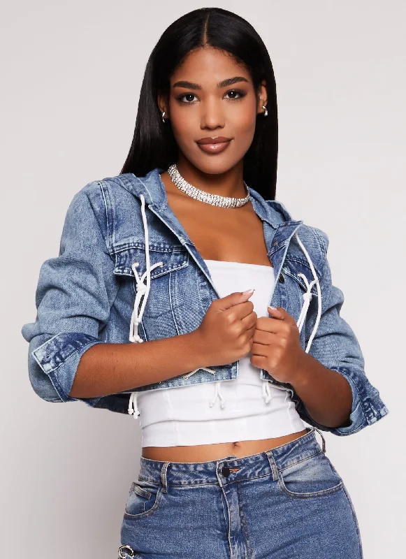 Lace Up Hooded Cropped Jean Jacket