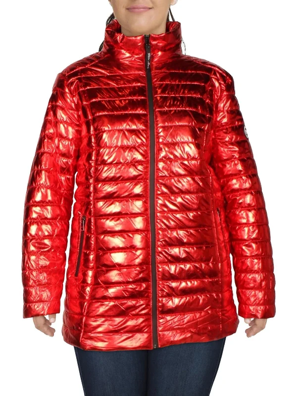 Plus Womens Metallic Quilted Puffer Jacket