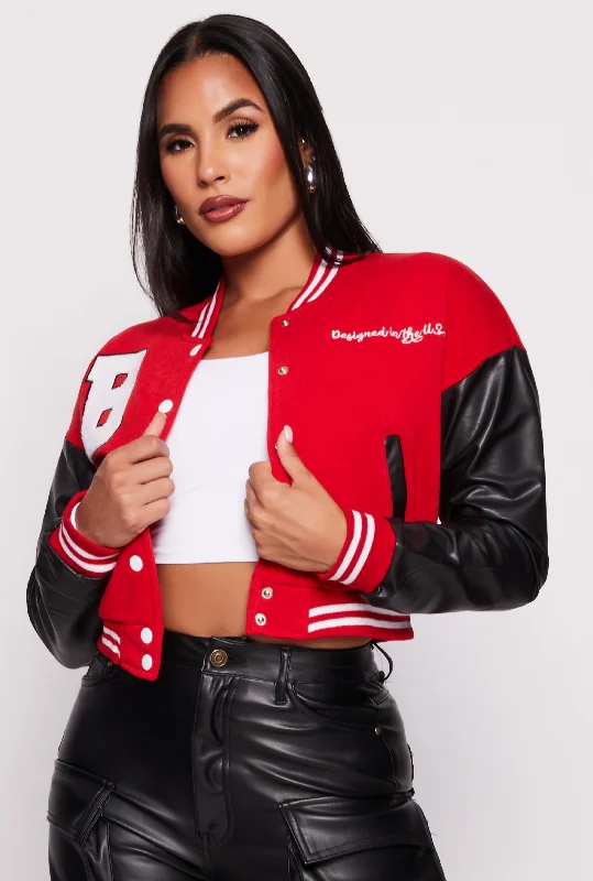 B Initial Chenille Patch Cropped Varsity Jacket