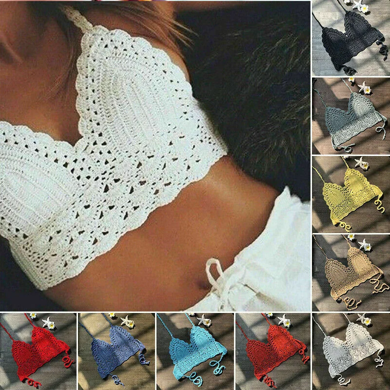 Crochet Lace Knit Bra | Crochet Knit Top | Boho Beach Camisoles | Crochet halter top | Crochet Bralette | Crochet Crop top | Bikini Crop Top