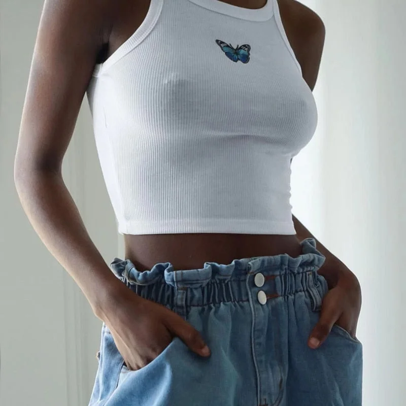 Spring & Summer Butterfly Crop Top | Tank Crop Tops | Casual Sexy Butterfly Embroidered Top | Short Slim Sleeveless White Tops