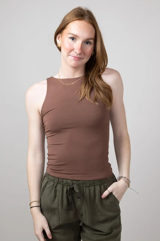 Basic Slim High Neck Stretch Basic Tank Top for Women in Milk Chocolate Brown | 18783-MILKCHOCOLATE