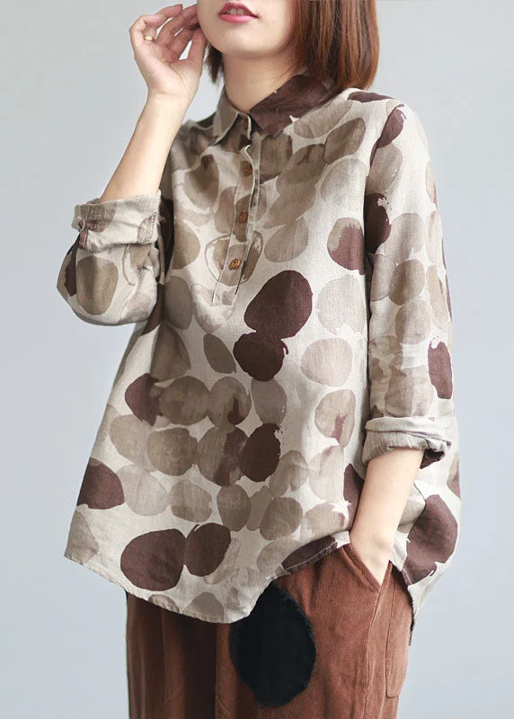 Boutique Khaki Peter Pan Collar Coffee Dot Print Linen Shirt Tops Long Sleeve