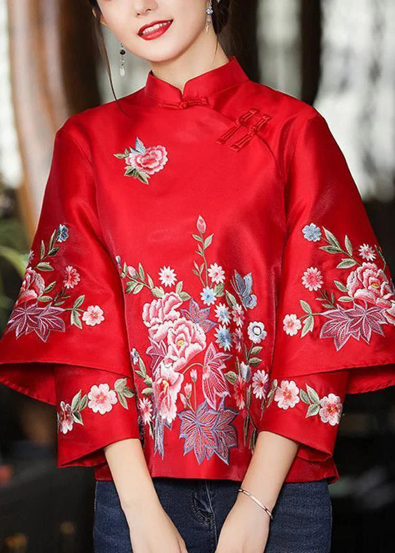 Boutique Red Stand Collar Embroidered Patchwork Button Shirts Long Sleeve