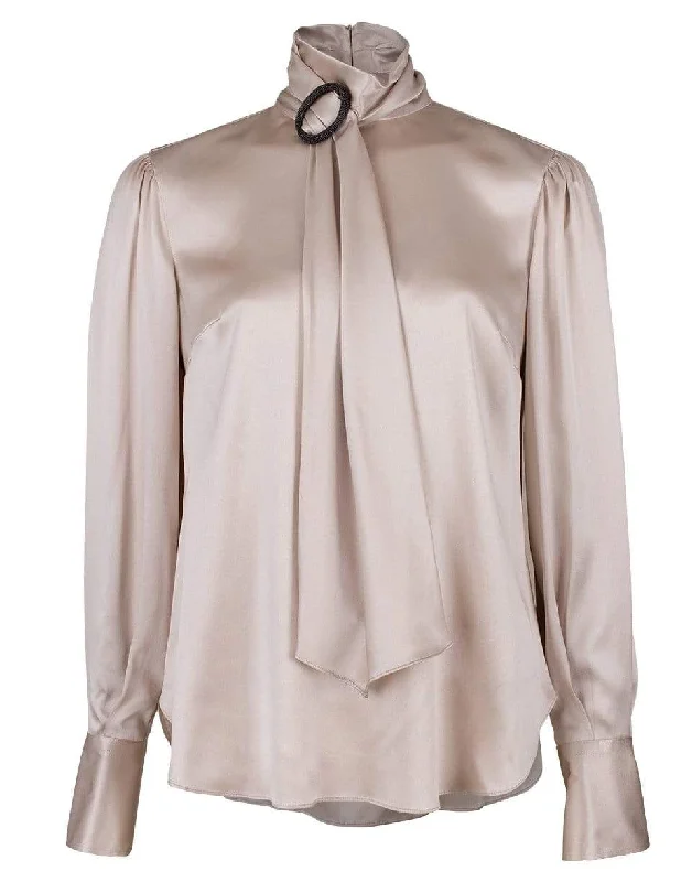 Cream Satin Long Sleeve Wrap Neck Top