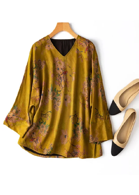 DIY Yellow V Neck Print Silk Top Long Sleeve