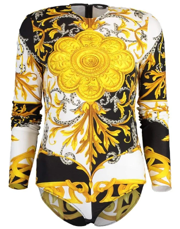 Gold and Black Jersey Long Sleeve Baroque Printed Crewneck Bodysuit