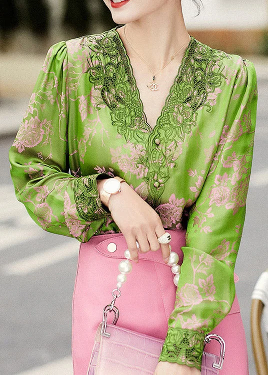 Jacquard Green V Neck Embroidered Button Silk Top Long Sleeve