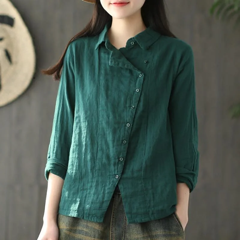 Loose Autumn Solid Color Retro Cotton Shirt Long Sleeve