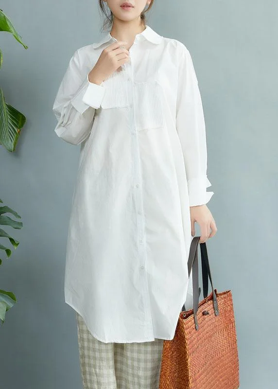 Style White PeterPan Collar Pockets Button Fall Asymmetrical Design Shirt Tops Long Sleeve