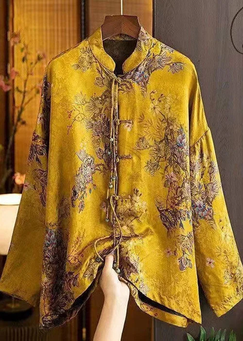 Yellow Stand Collar Oriental Button Patchwork Tassel Jacquard Silk Shirt Top Long Sleeve